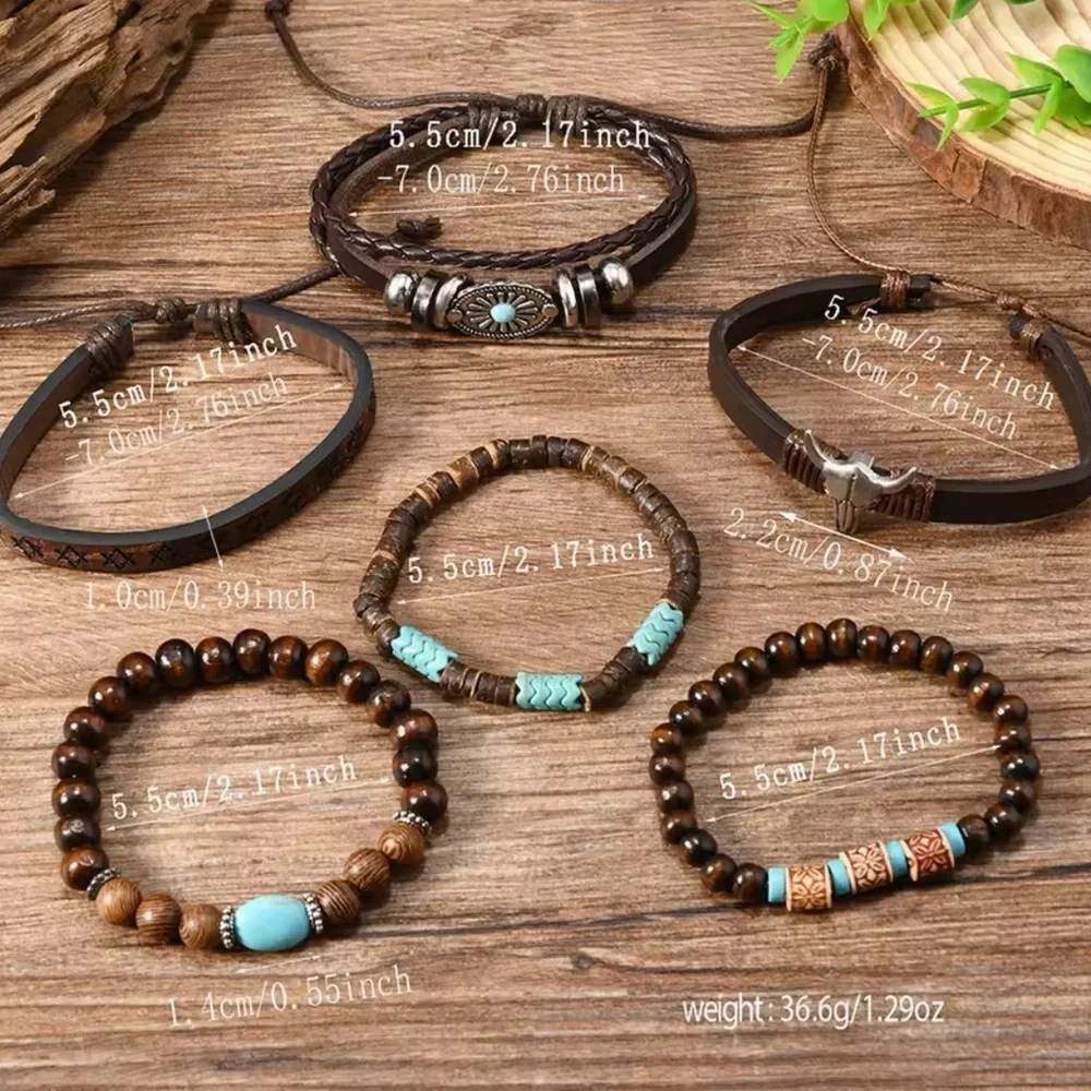 Western Men's Brown and Turquoise  leather 6x bracelet set